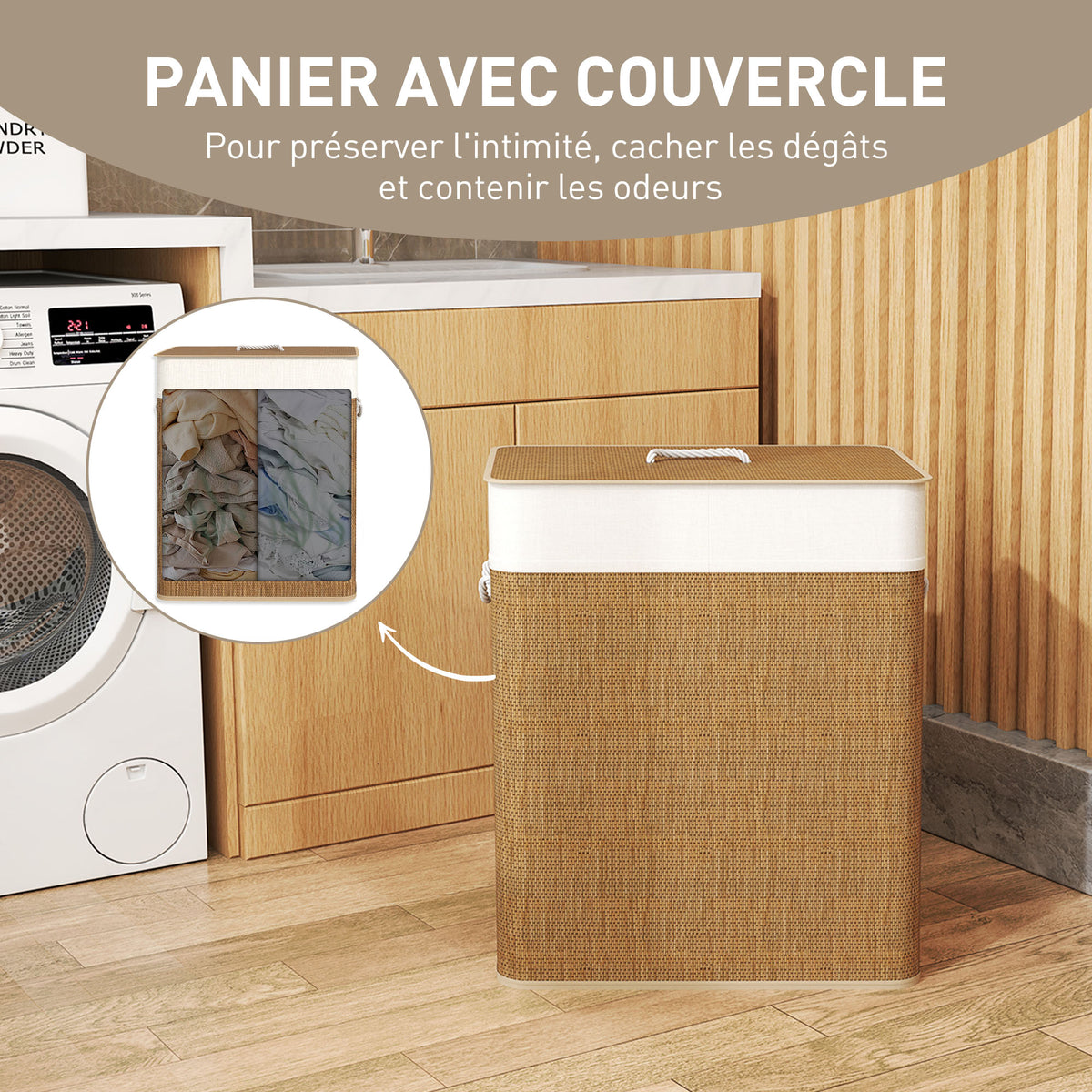 Panier à linge double avec couvercle, panier à linge en bambou 100 L avec poignées en corde-4