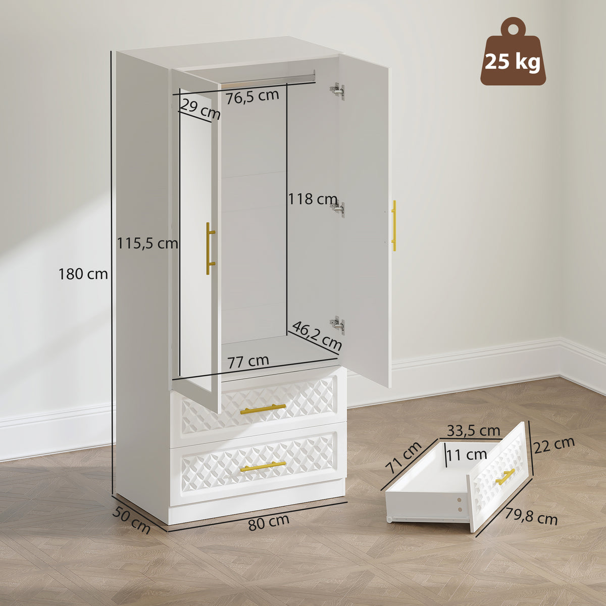 Armoire chambre penderie avec miroir, 2 tiroirs, 2 portes et barre de suspension, 80 x 50 x 180 cm, blanc-2