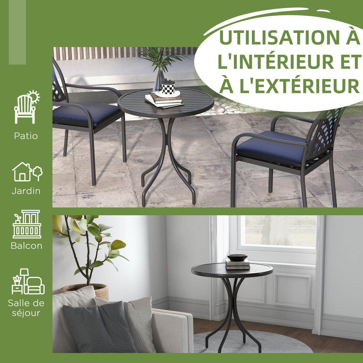 Table de Bistrot Ronde Ø 66 cm en Acier Galvanisé avec Plateau à Lattes pour Terrasse, Balcon, Noir-4