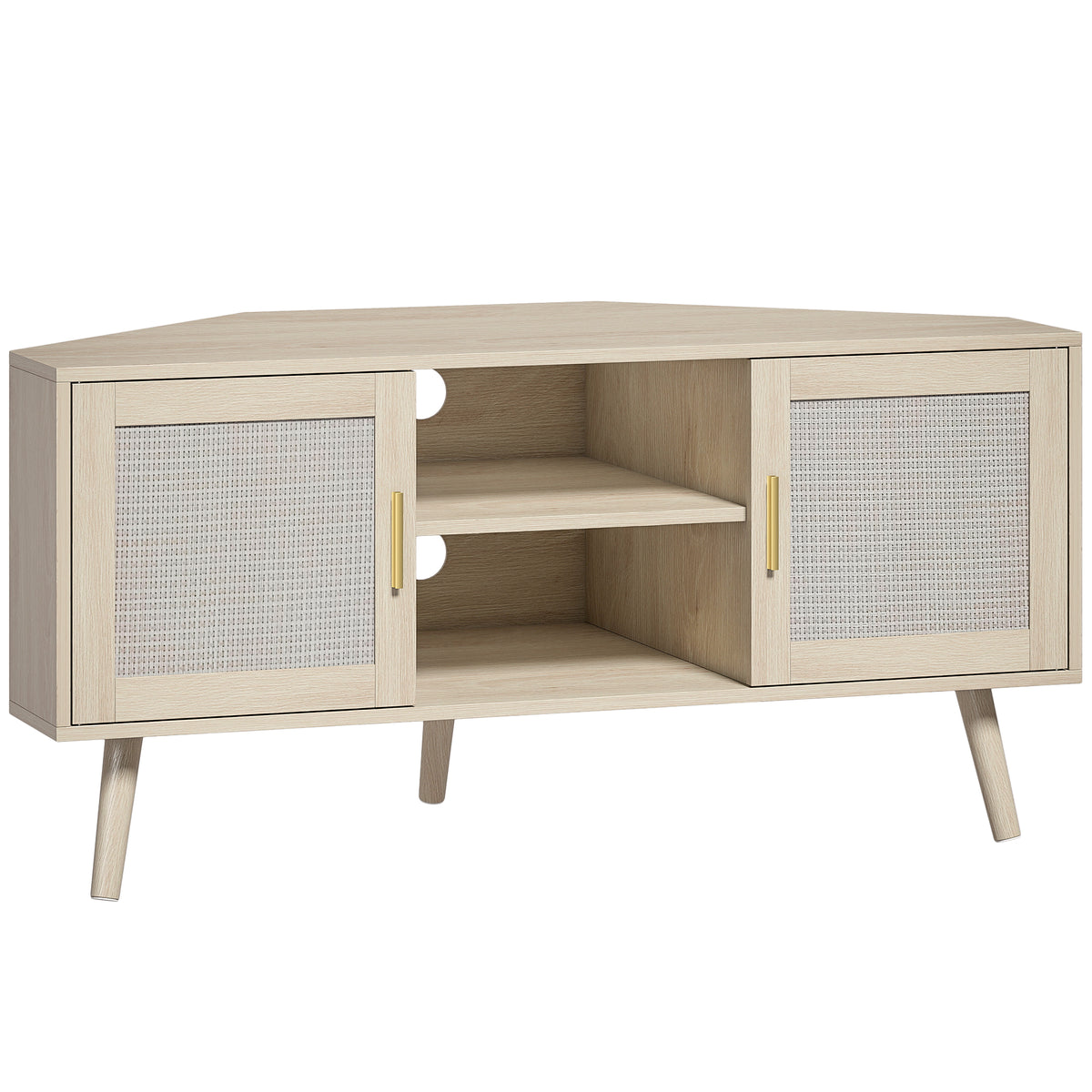 Meuble TV d'Angle 115 cm, Meuble Télé pour Téléviseur jusqu'à 65 Pouces, 2 Portes en Rotin  2 Compartiments, Chêne-0