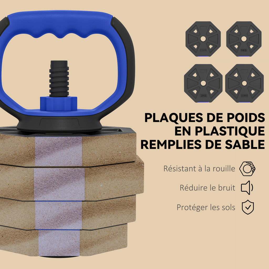 Ensemble d'Haltères Musculation 6-en-1 Haltère Réglable 30 kg Kettlebell, Barre de Musculation Support pour Pompes Bleu-6