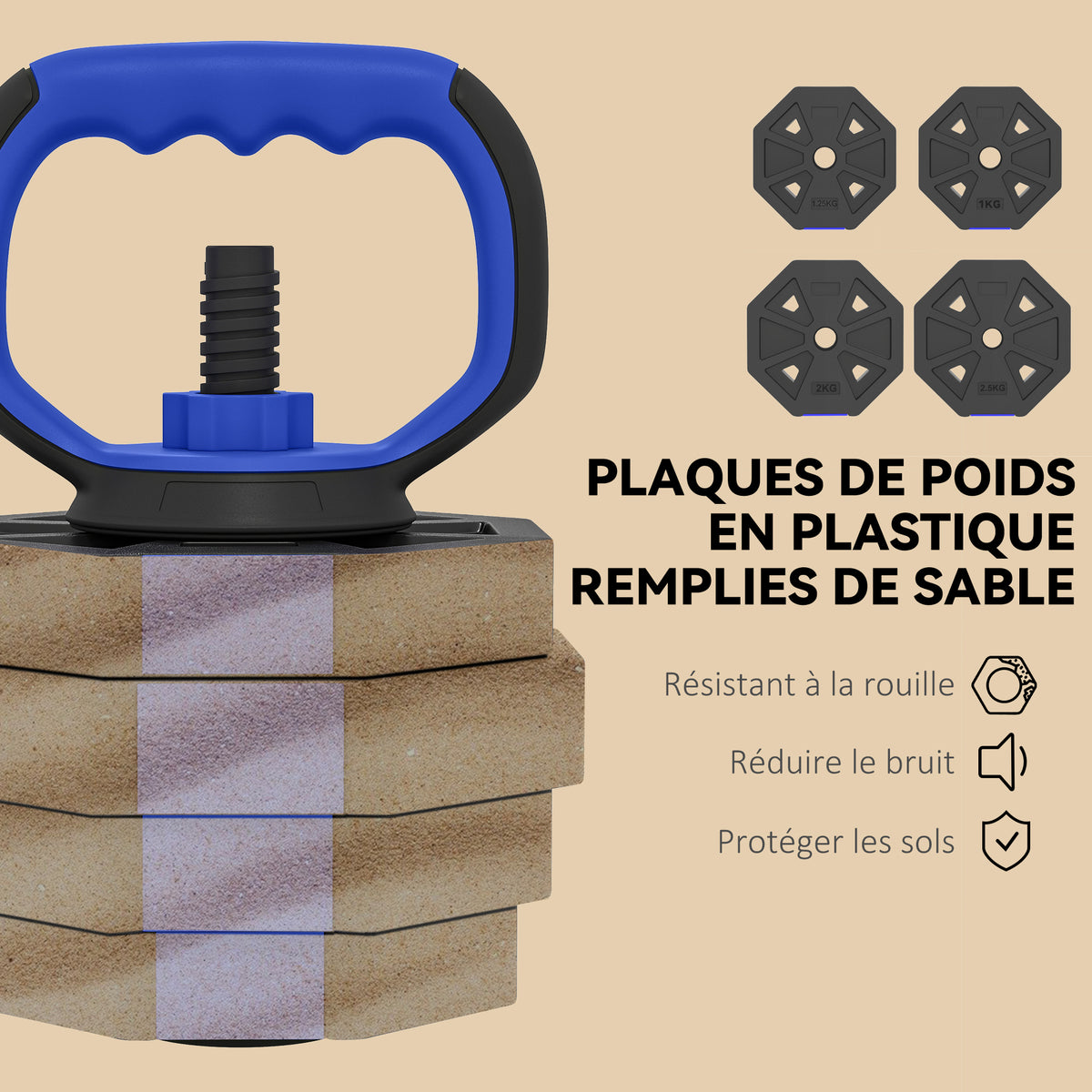 Ensemble d'Haltères Musculation 6-en-1 Haltère Réglable 30 kg Kettlebell, Barre de Musculation Support pour Pompes Bleu-6