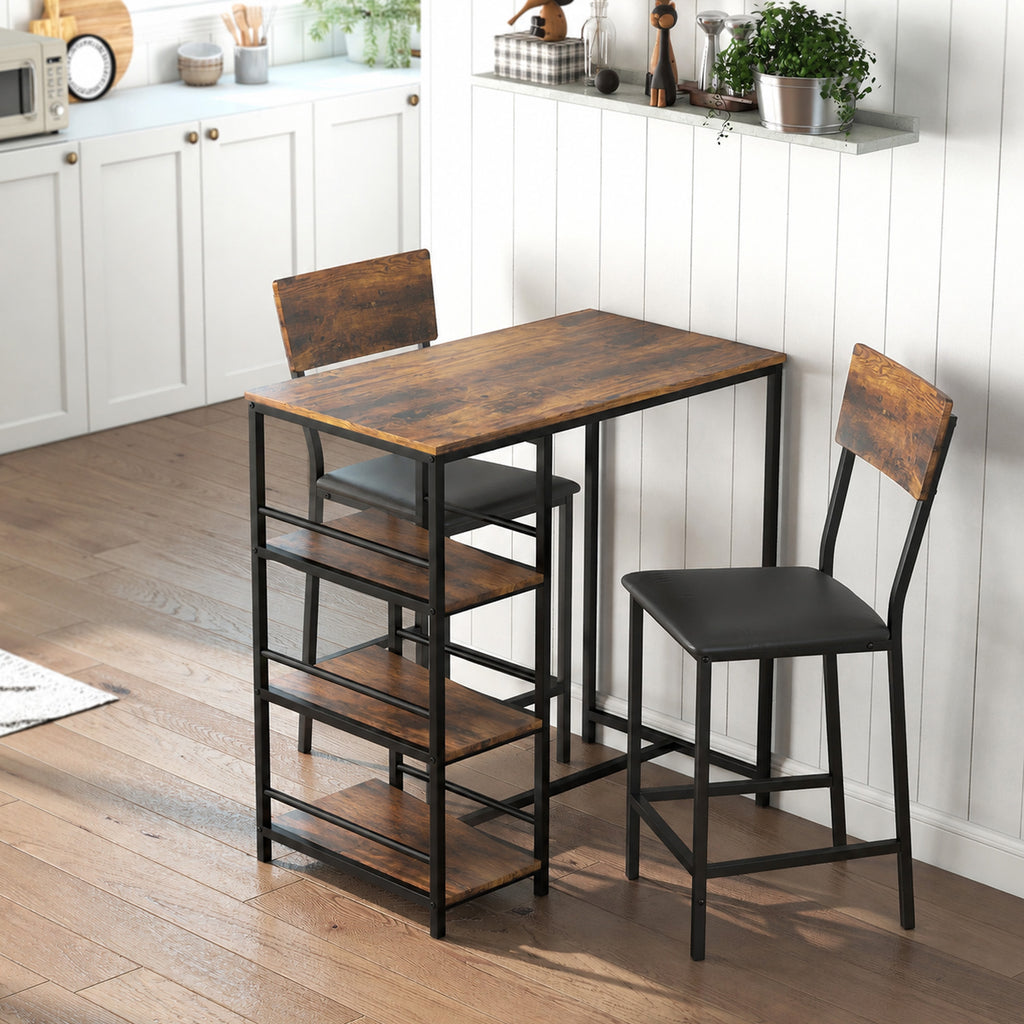 Ensemble Table de Bar avec 2 Tabourets, Table Haute de Cuisine et 2 Chaises de Bar Rembourrées PU, Brun Rustique-1