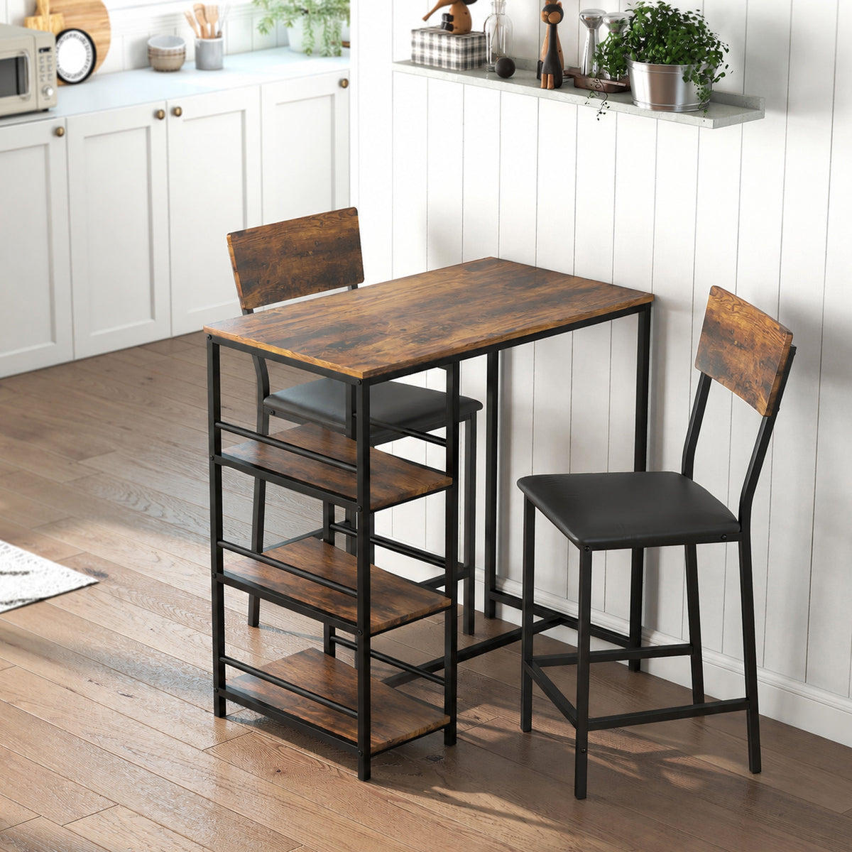 Ensemble Table de Bar avec 2 Tabourets, Table Haute de Cuisine et 2 Chaises de Bar Rembourrées PU, Brun Rustique-1
