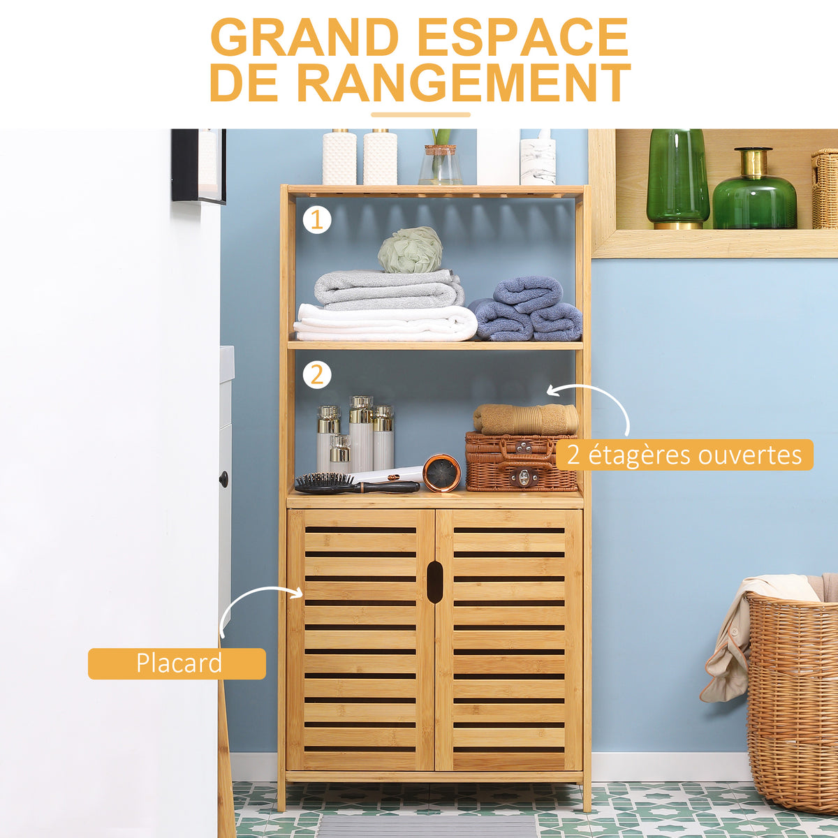 Meuble salle de bain en bambou, armoire salle de bain sur pied, 2 étagères ouvertes et double porte à lattes, naturel-3