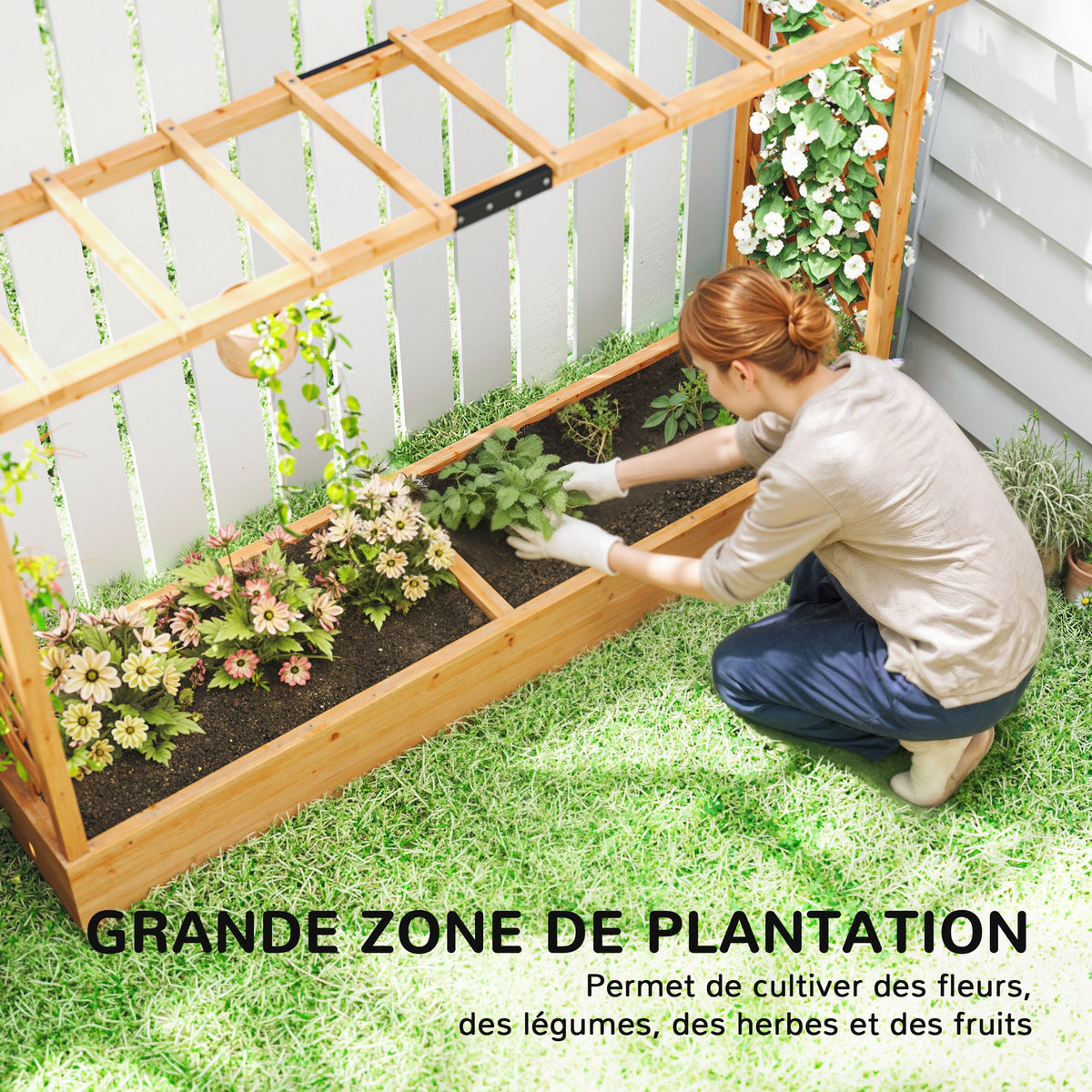 Jardinière surélevée avec treillis latéral et supérieur, bac à fleurs trous de drainage, 200x44x113,5cm, bois naturel-3