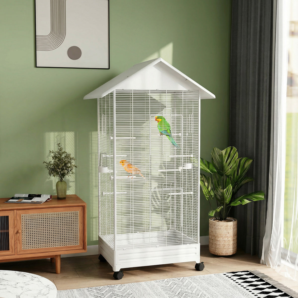 Cage oiseau sur pied volière oiseaux intérieure sur roulettes 2 mangeoires 8 perchoirs 79 x 65 x 155 cm fil d'acier blanc-9