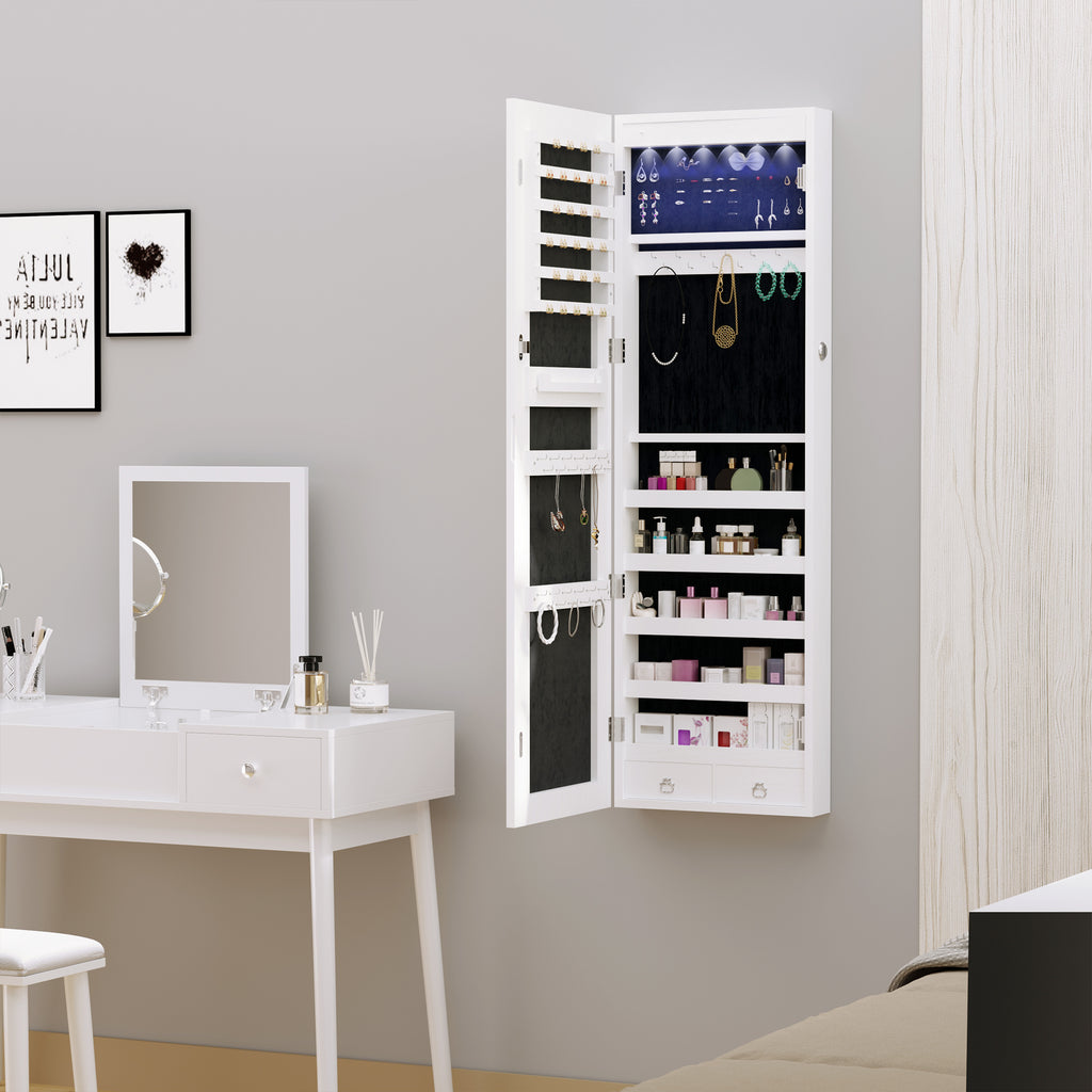 Armoire à bijoux suspendue au mur ou à la porte avec miroir, LED, 5 étagères, 2 tiroirs, 37x10x120cm, effet bois grisé-9