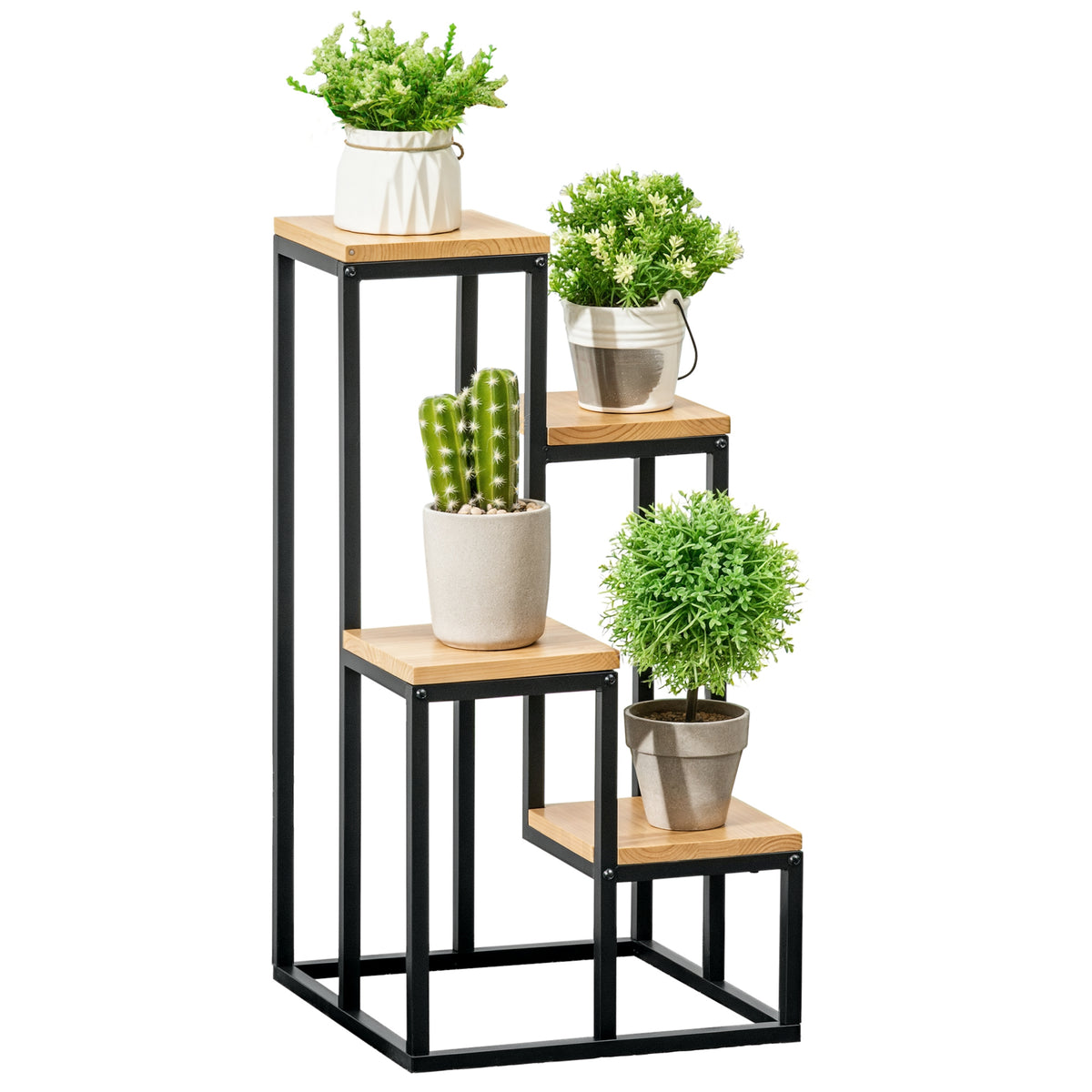 Étagère à plantes étagère à fleurs en métal et bois 4 niveaux de différentes hauteurs style industriel 34 x 34 x 66 cm-0