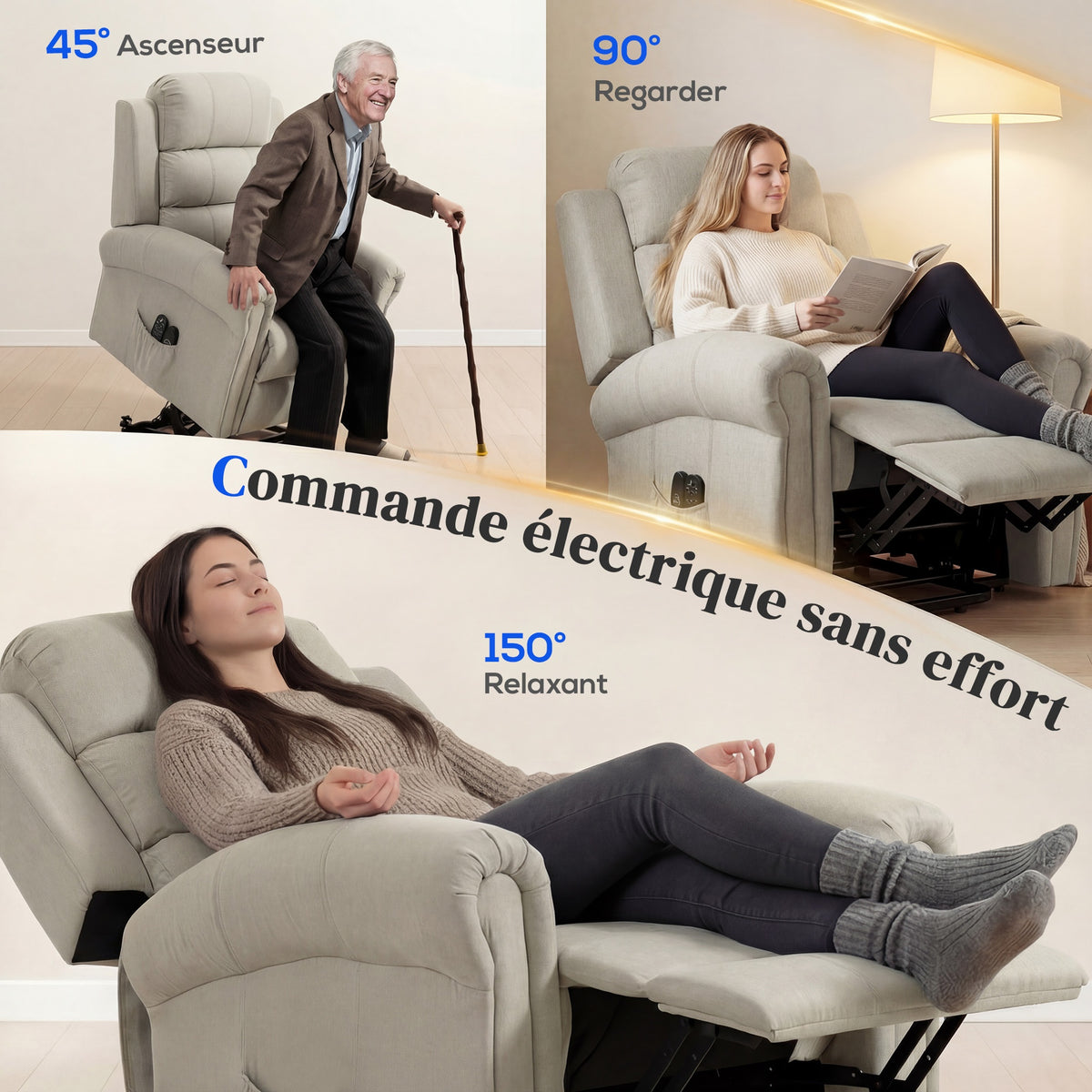 Fauteuil releveur électrique, fauteuil relax électrique avec fonction massage et chauffage, 87 x 87,5 x 108 cm, beige-3