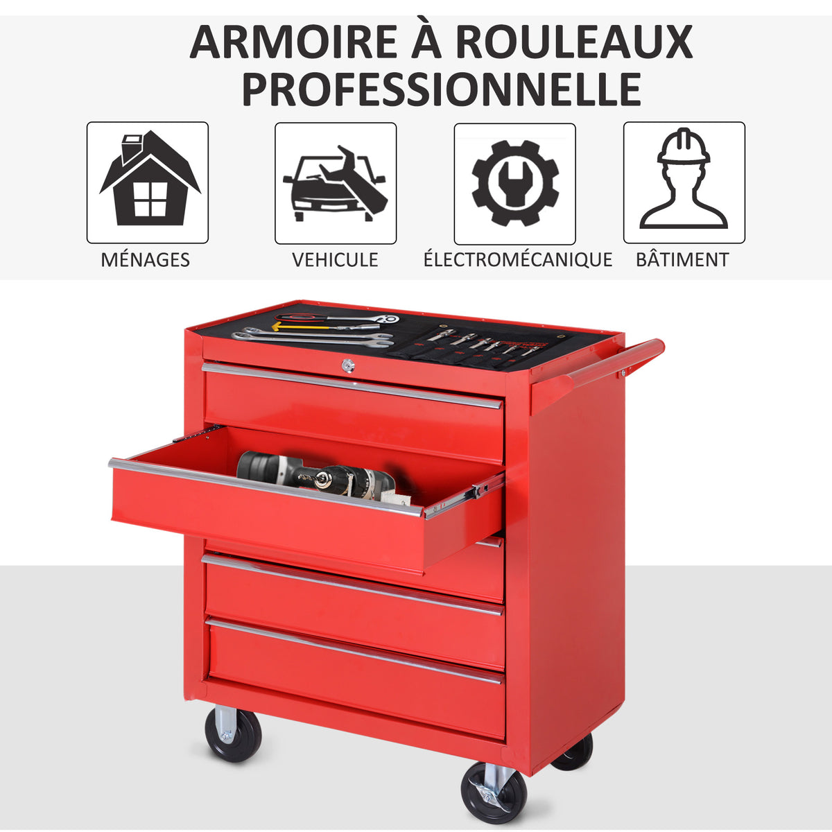 Chariot à outils sur roulettes pour atelier avec 5 tiroirs verrouillable 2 clés acier 69 x 33 x 75 cm rouge-5