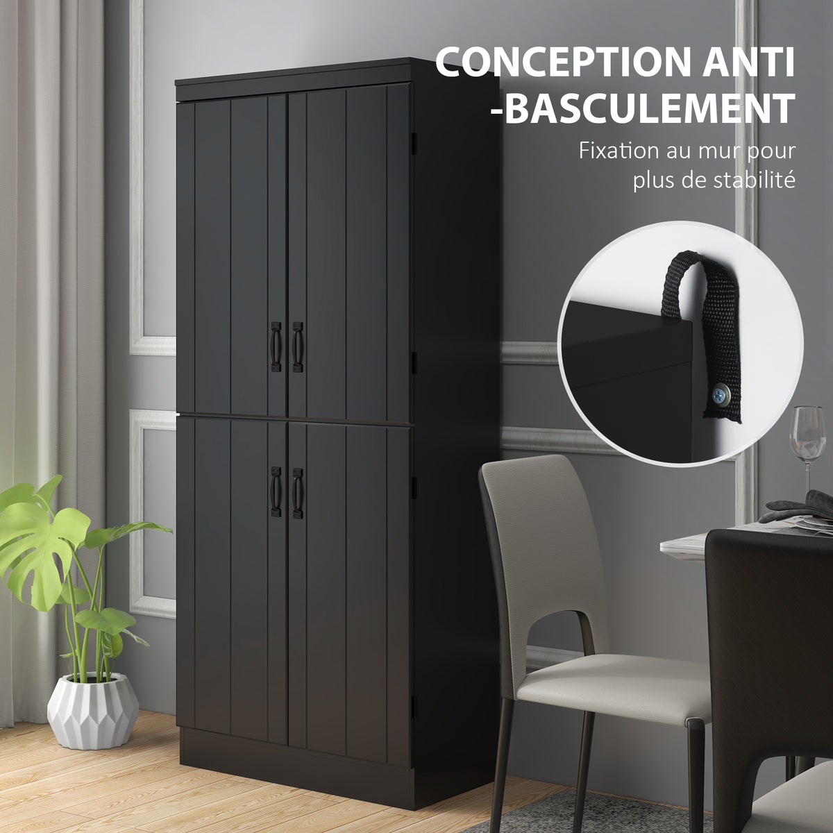 Buffet haut cuisine, armoire de cuisine avec 4 portes à 6 niveaux et étagères réglables, 76 x 40 x 176,7 cm, noir-5