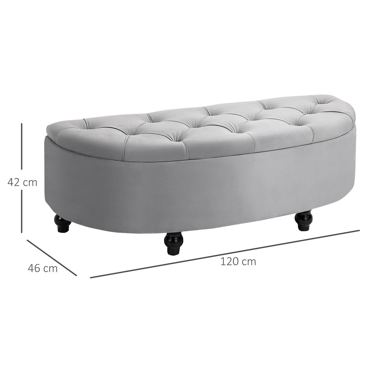 Banc de rangement, coffre de rangement design capitonné demi-cercle bout de lit avec revêtement velours, pieds en bois d'hévéa, pour salon, chambre, entrée, 120 x 46 x 42 cm, gris-2