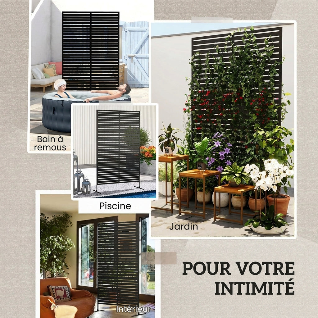 Panneau Brise Vue Extérieur Décoratif en Acier 122x198cm, Treillis pour Plantes Grimpantes, Support, Panneau Rayé, Noir-5