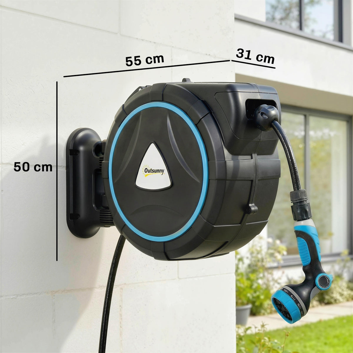 Enrouleur Tuyau Arrosage Mural Automatique 25m Dévidoir Automatique Pistolet d'Arrosage 10+2 Modes 55x31x50cm Bleu-2