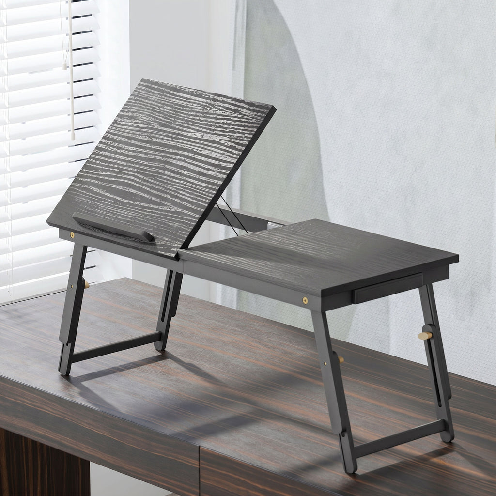 Table de lit pliable et réglable, plateau de lit pour ordinateur portable en bambou plateau inclinable 83,5x33x34cm noir-1