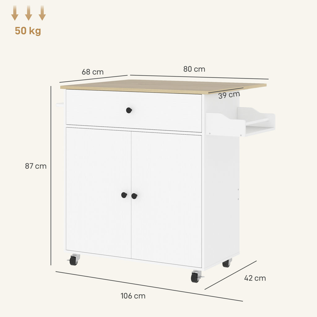 Desserte de cuisine sur roulettes, Îlot central cuisine - tiroir, étagère réglable, support à épices et porte-serviette-2