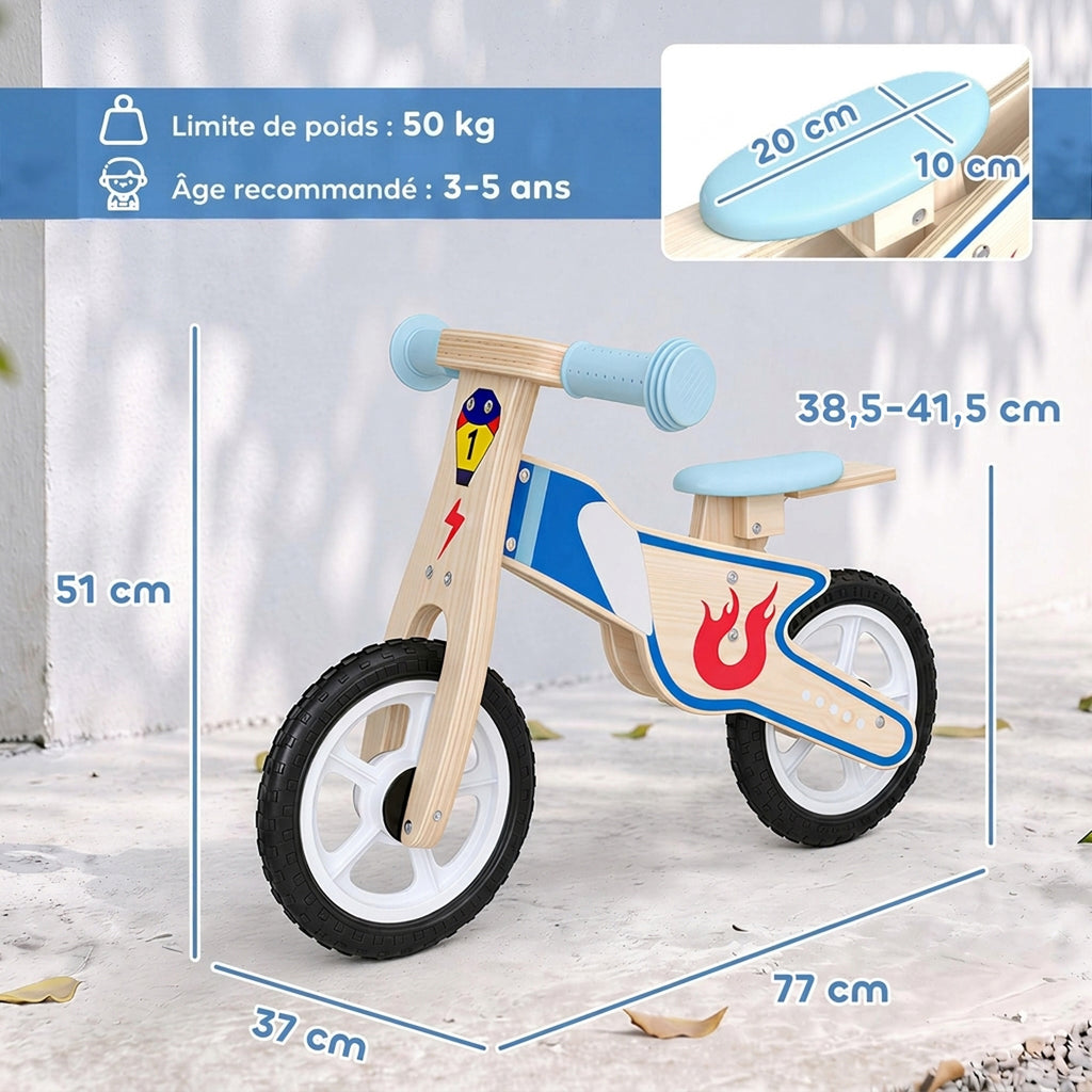 Draisienne Enfants Vélo Bébé sans Pédales avec Selle Réglable en PU, pour 3-5 Ans Jusqu'à 50 kg, Bois Naturel-2