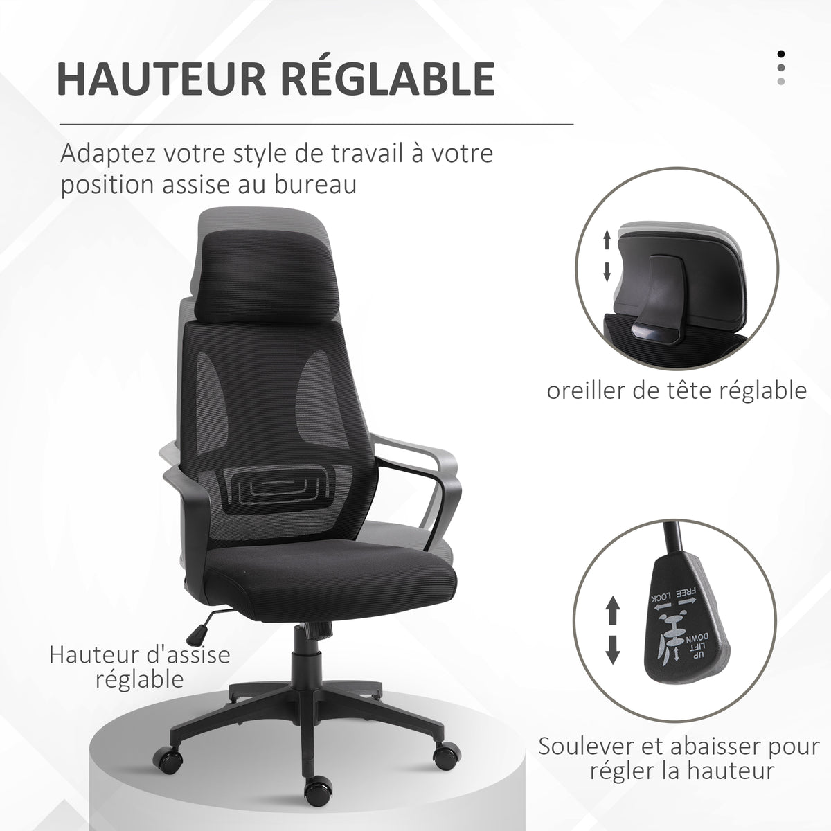Chaise bureau ergonomique, fauteuil de bureau en maille, appui-tête, hauteur réglable, 64 x 55 x 116-126 cm, noir-4
