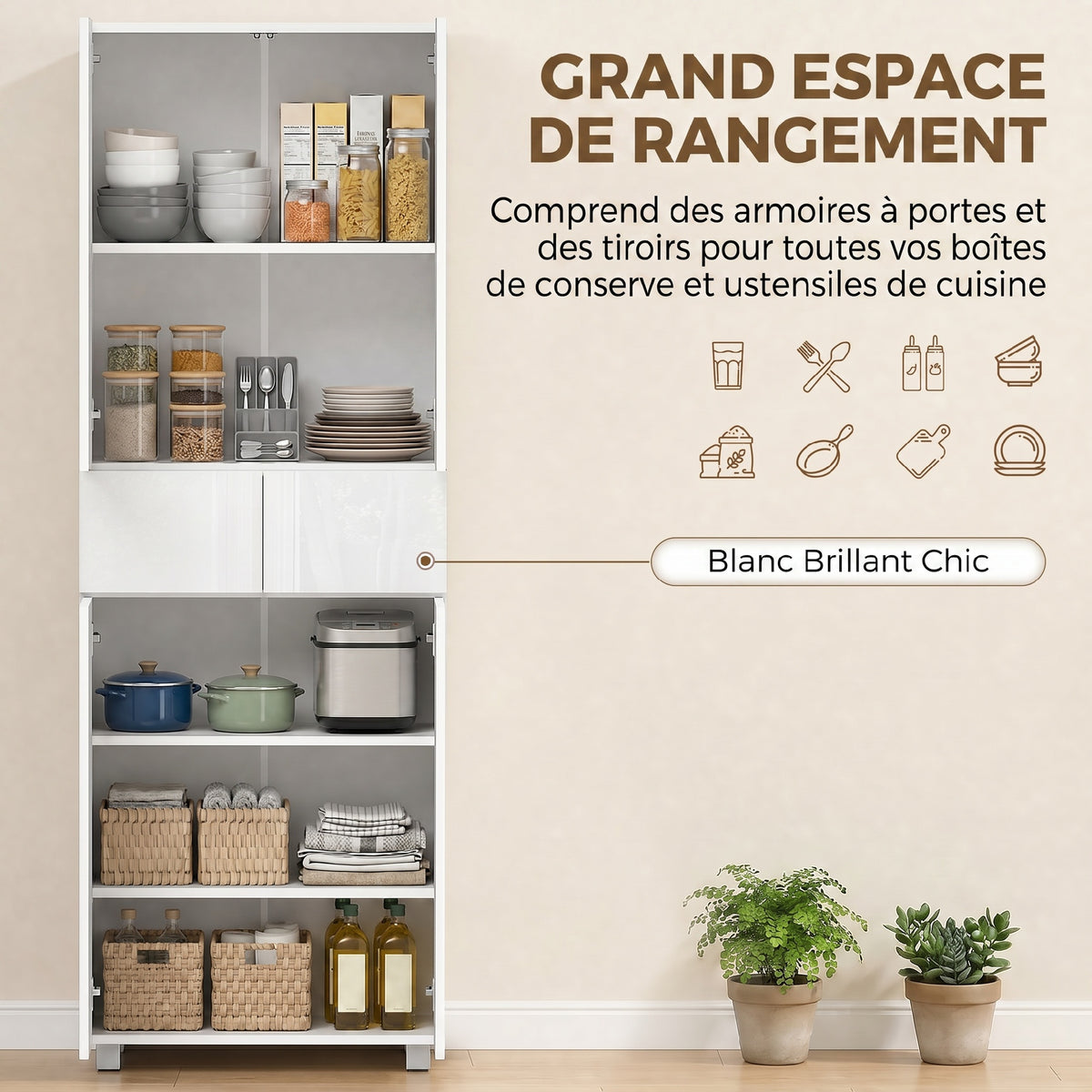 Armoire de cuisine meuble de rangement buffet 4 portes avec étagères réglables - dim. 60L x 35l x 170H cm blanc laqué-3