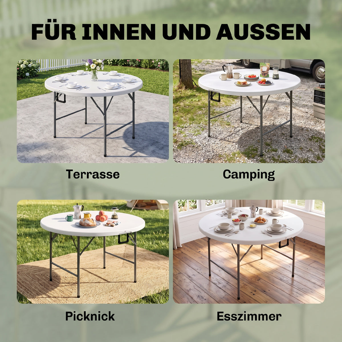 Table ronde de jardin pliante Ø122 cm peut accueillir 6 personnes pour évènement, structure métal, plateau HDPE-6