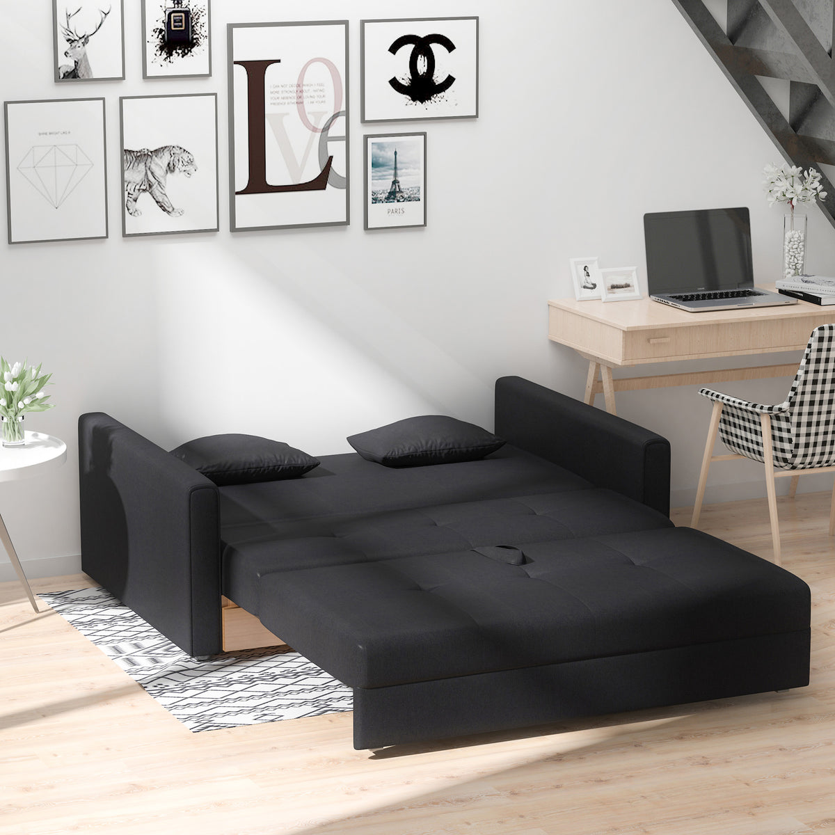 Canapé-lit 2 places convertible 2 en 1 avec 2 coussins et coffre de rangement intégré 152 x 101 x 81 cm gris foncé-7