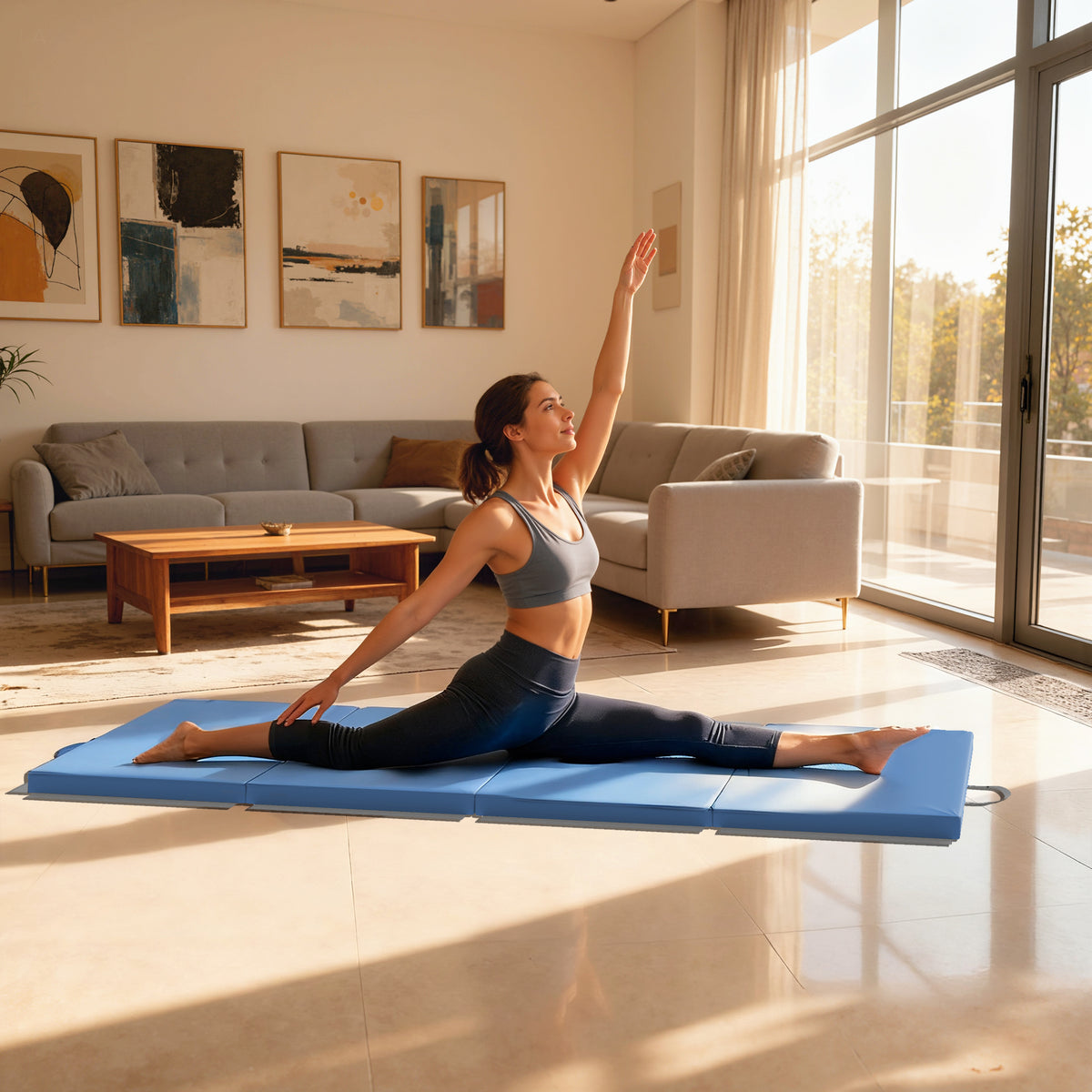 Tapis de gymnastique yoga pilates fitness pliable en 4 avec poignées revêtement synthétique 180 x 80 x 5 cm bleu clair-6