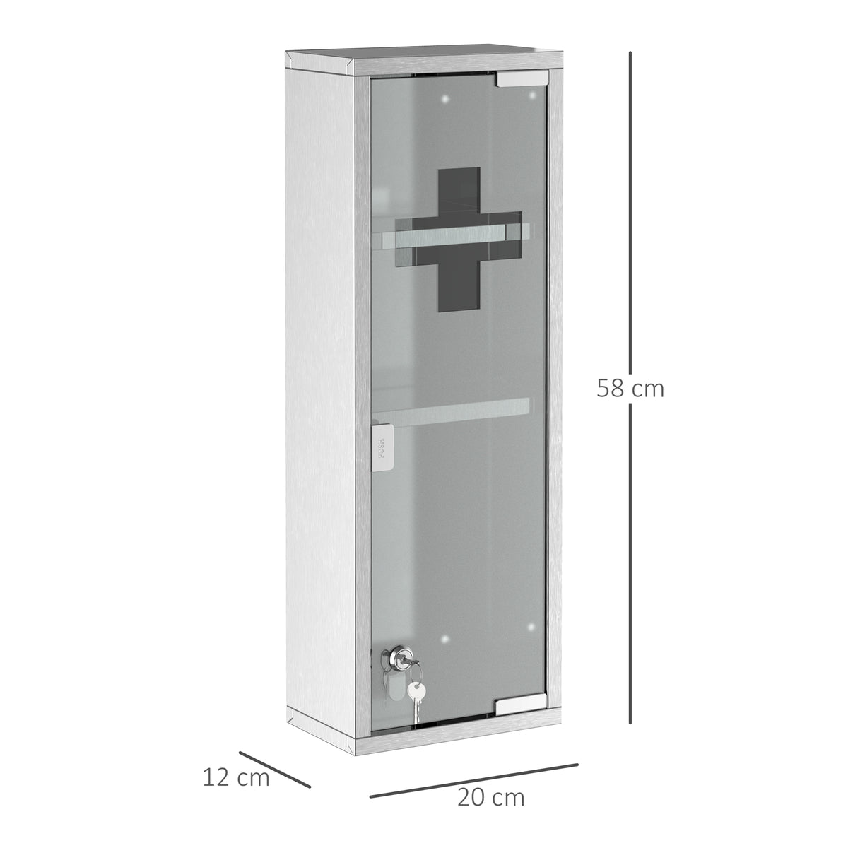 Armoire à Pharmacie 2 étagères 3 Niveaux 20L x 12l x 58H cm Porte Verre trempé Symbole Croix Acier INOX.-2