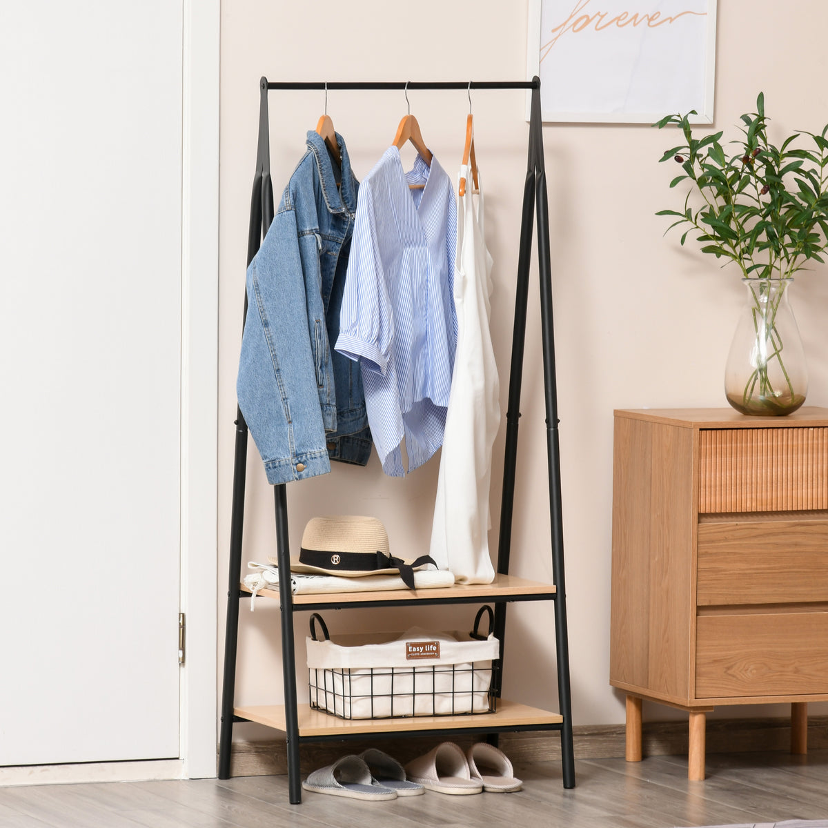 Portant à vêtements penderie style contemporain triangulaire dim. 64L x 43l x 149H cm 2 étagères MDF bois clair acier noir-3