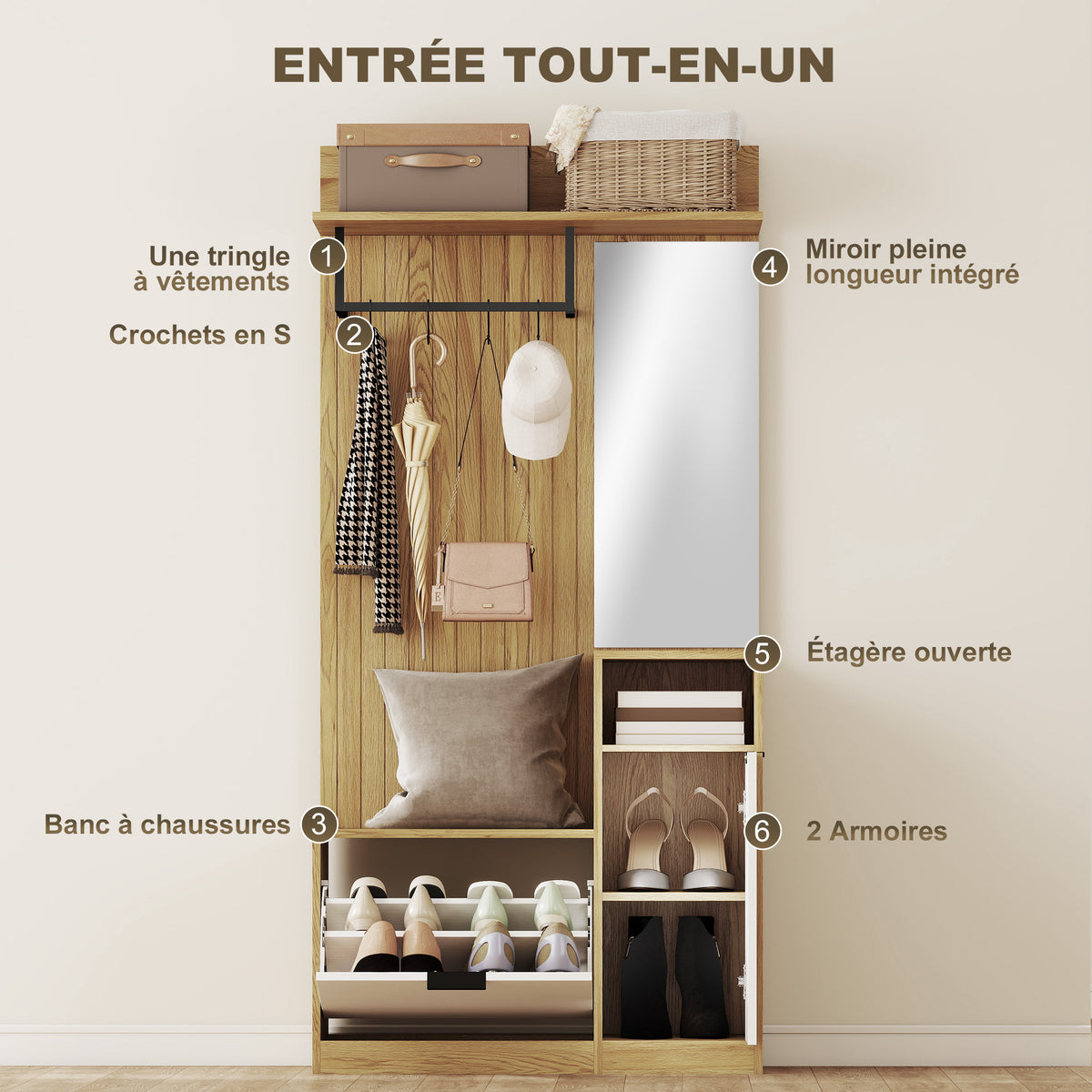 Meuble d'entrée 6 en 1, vestiaire d'entrée avec banc à chaussures rabattable, miroir, 80x36x168cm, chêne-3