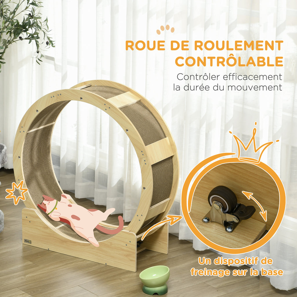 Roue de course pour chat d'intérieur tapis roulant avec frein coussins de grattage diamètre 91 cm naturel-5