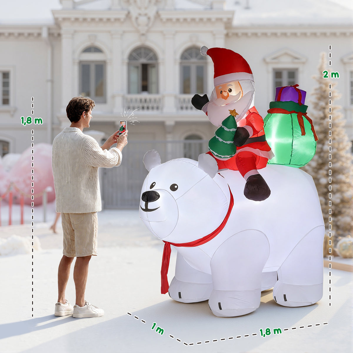 Père Noël gonflable de Noël sur ours polaire 200 cm, 5 lumières LED, décoration de Noël intérieure et extérieure, blanc-2