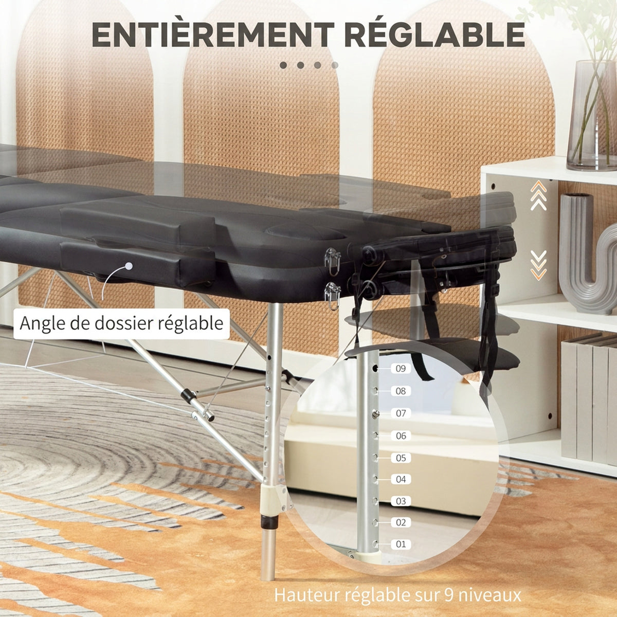 Table de Massage Lit de Massage à 3 Zones Pliante 225kg Coins Arrondis Hauteur 61-84 cm 215x81cm Noir-3