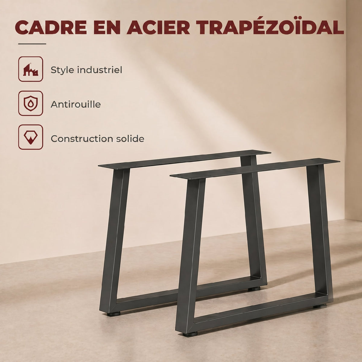 Pieds de table en acier, 60 x 43 cm, lot de 2 pieds de bureau trapezoïdes avec patins réglables et vis, noir-3