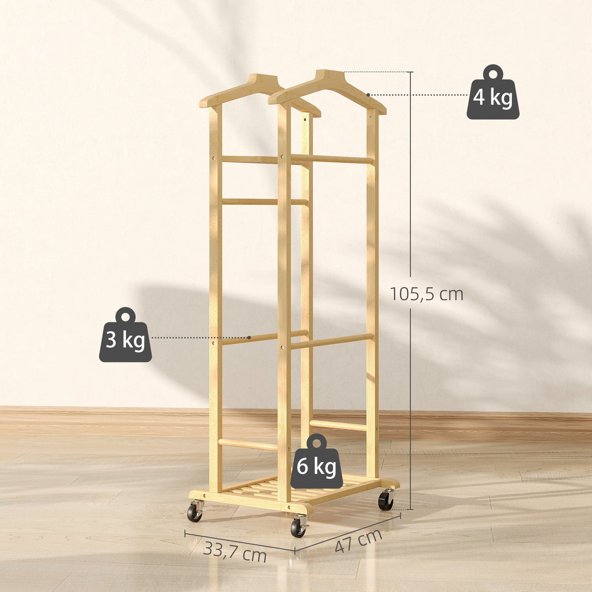 Portant à vêtements sur roulettes, porte-manteaux en bambou, double cintre intégré, 47 x 33,7 x 105,5 cm, bois naturel-2