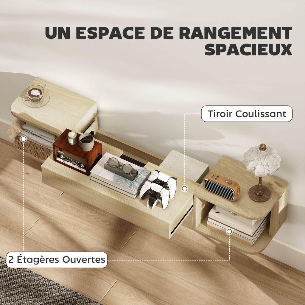 Meuble TV suspendu meuble télé pour téléviseur 50 pouces tiroir étagères passe-câbles 120x24x22,4cm effet bois naturel-4