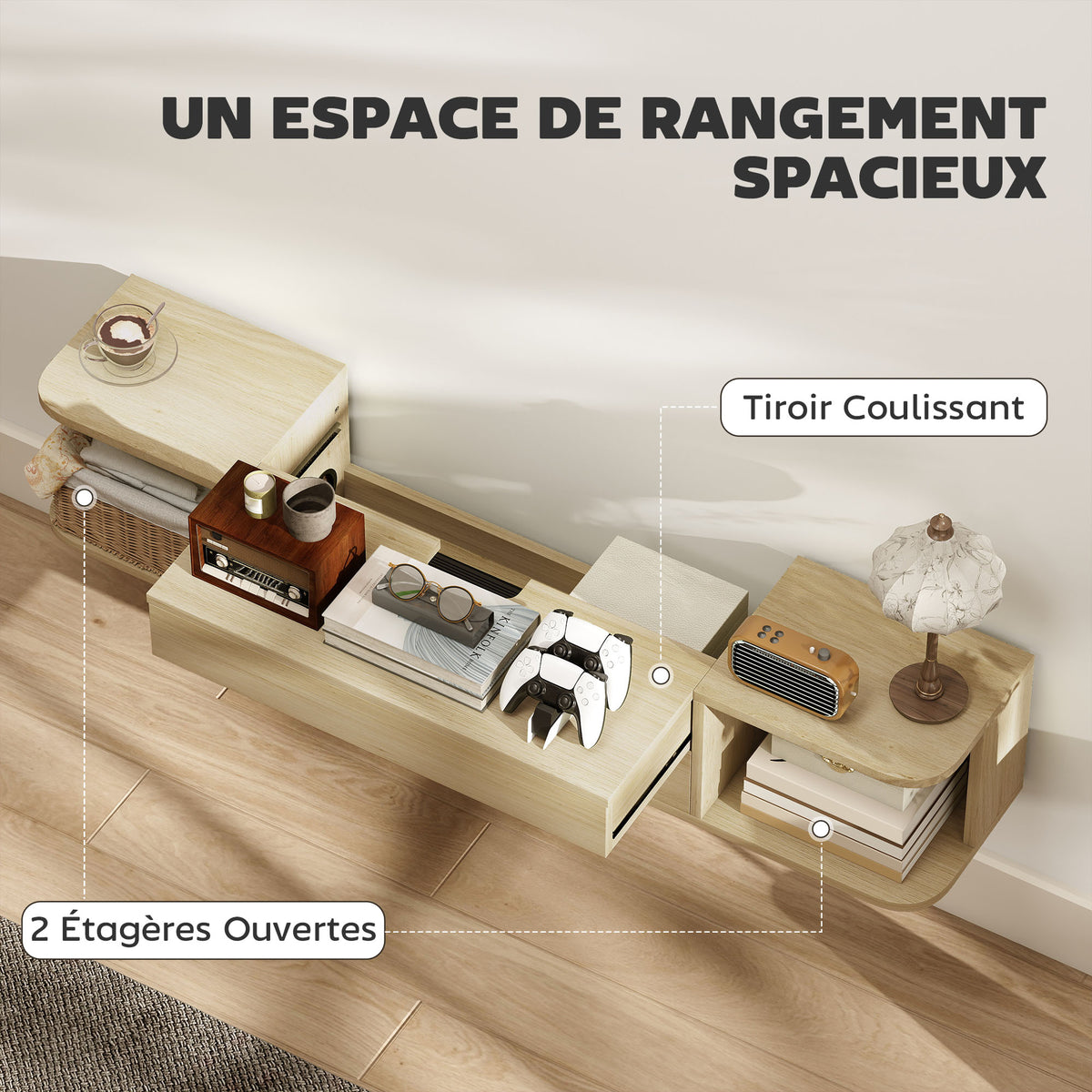 Meuble TV suspendu meuble télé pour téléviseur 50 pouces tiroir étagères passe-câbles 120x24x22,4cm effet bois naturel-4