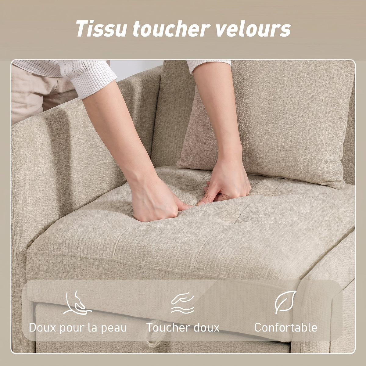 Fauteuil Convertible 1 Place, Fauteuil-Lit Clic-Clac 4 en 1 Rembourré en Chenille, Dossier Réglable, Assise Large, Beige-6