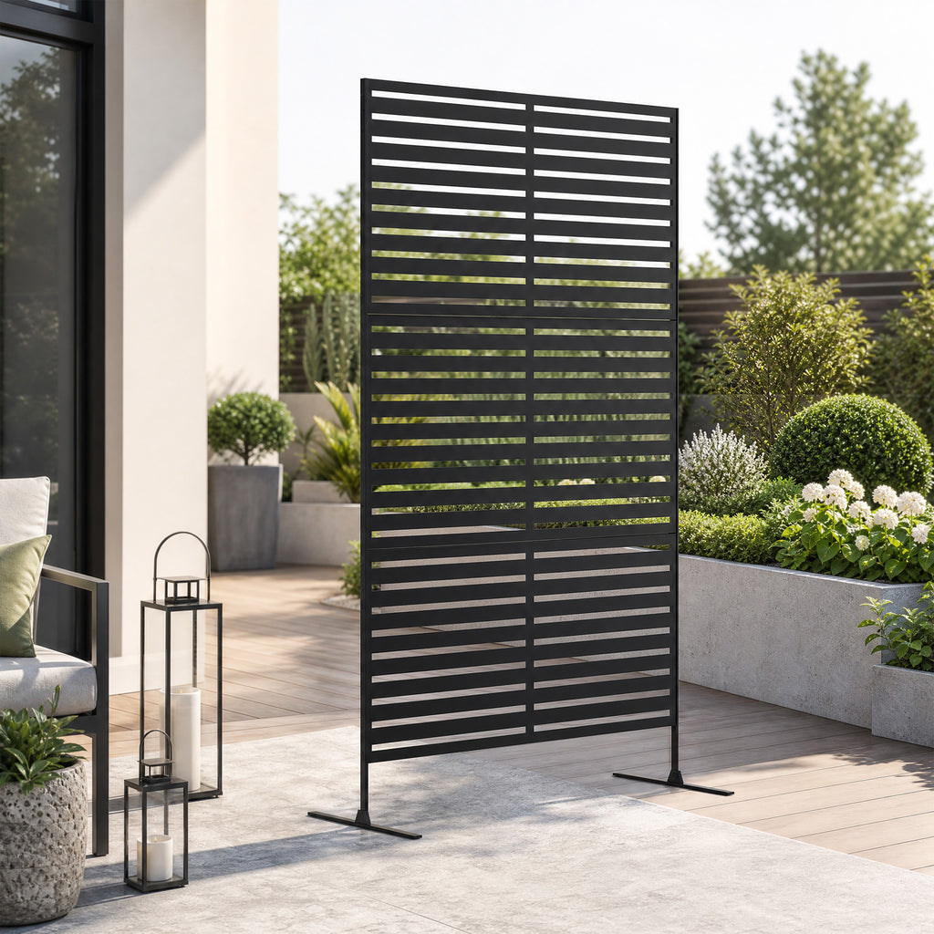 Panneau Brise Vue Extérieur Décoratif en Acier 122x198cm, Treillis pour Plantes Grimpantes, Support, Panneau Rayé, Noir-1