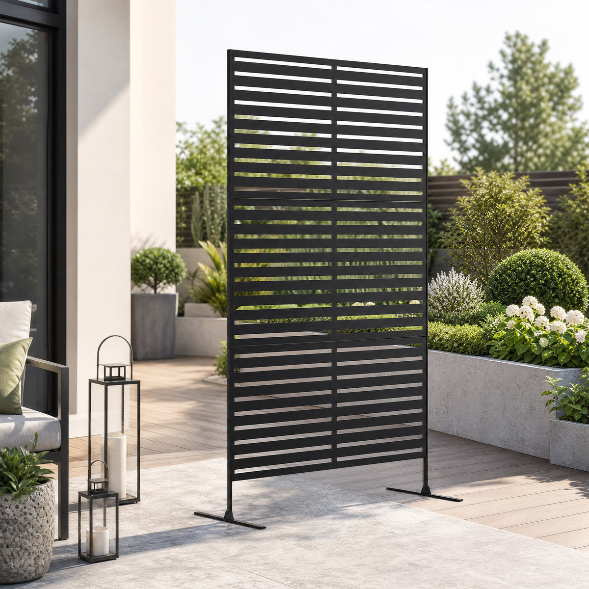 Panneau Brise Vue Extérieur Décoratif en Acier 122x198cm, Treillis pour Plantes Grimpantes, Support, Panneau Rayé, Noir-1
