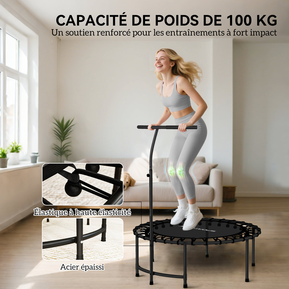 Trampoline de Fitness avec Cordes Élastiques, Poignée Réglable 5 Positions, Capacité 100 kg, Acier, Ø102x132cm, Noir-4
