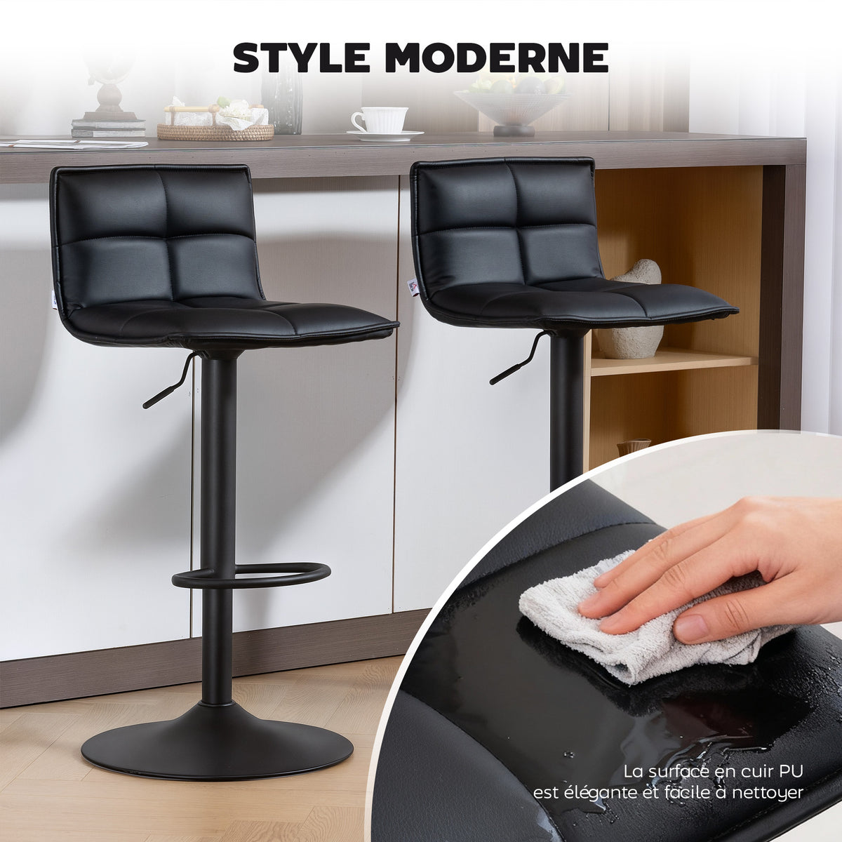 Lot de 2 tabourets de bar, chaises de bar réglable en hauteur avec assise pivotant en PU 44 x 45 x 85-106 cm noir-3