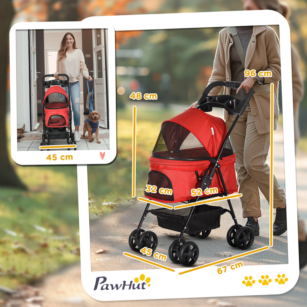 Poussette buggy pliable chien chat panier rangement porte-gobelets tissu 300D Oxford imperméable 4 roues rouge-2