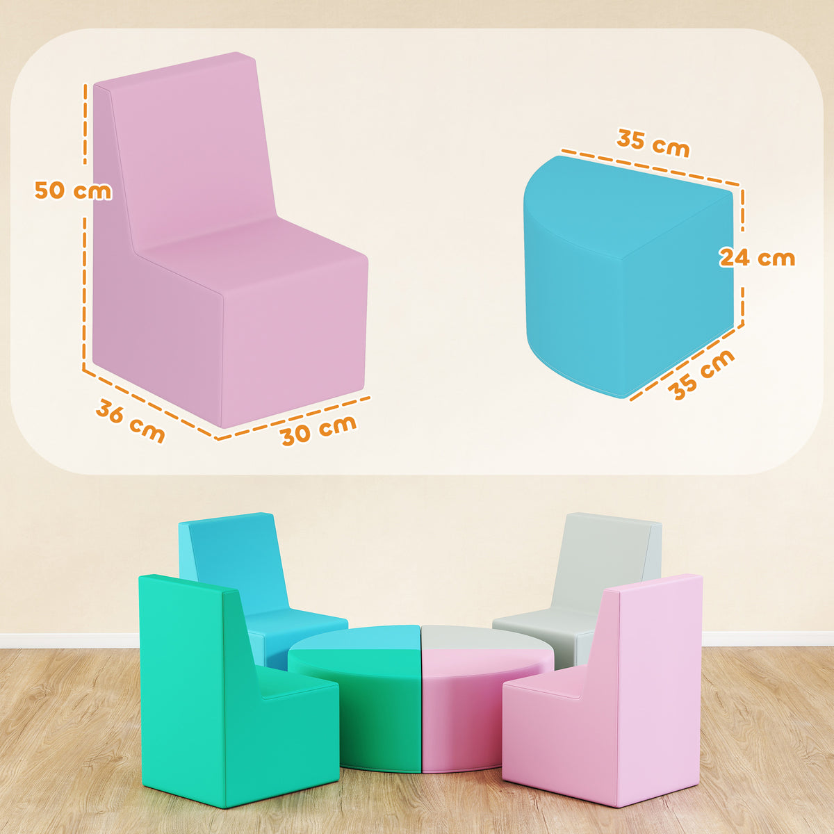 Parcours motricité bébé 8PCS, module motricité bébé mousse EPE et housse en PU, design table et chaises, multicolore-2