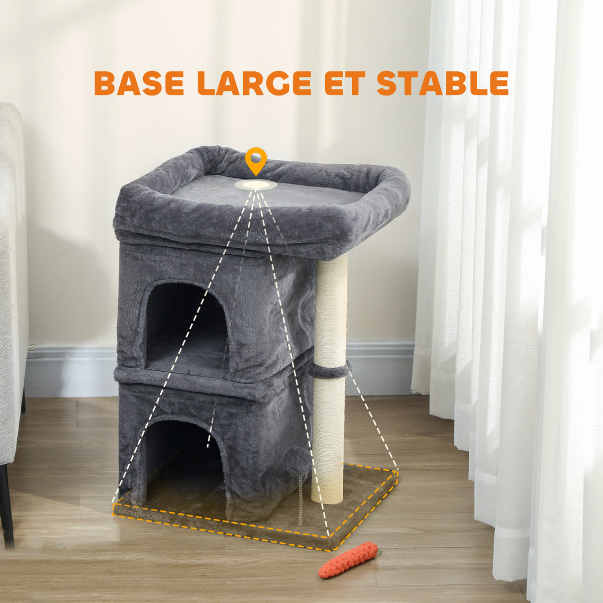 Arbre à chat, tour de jeux pour chat, plateforme, 2 niches et balle griffoirs en sisal, 45 x 40 x 66 cm, gris foncé-5