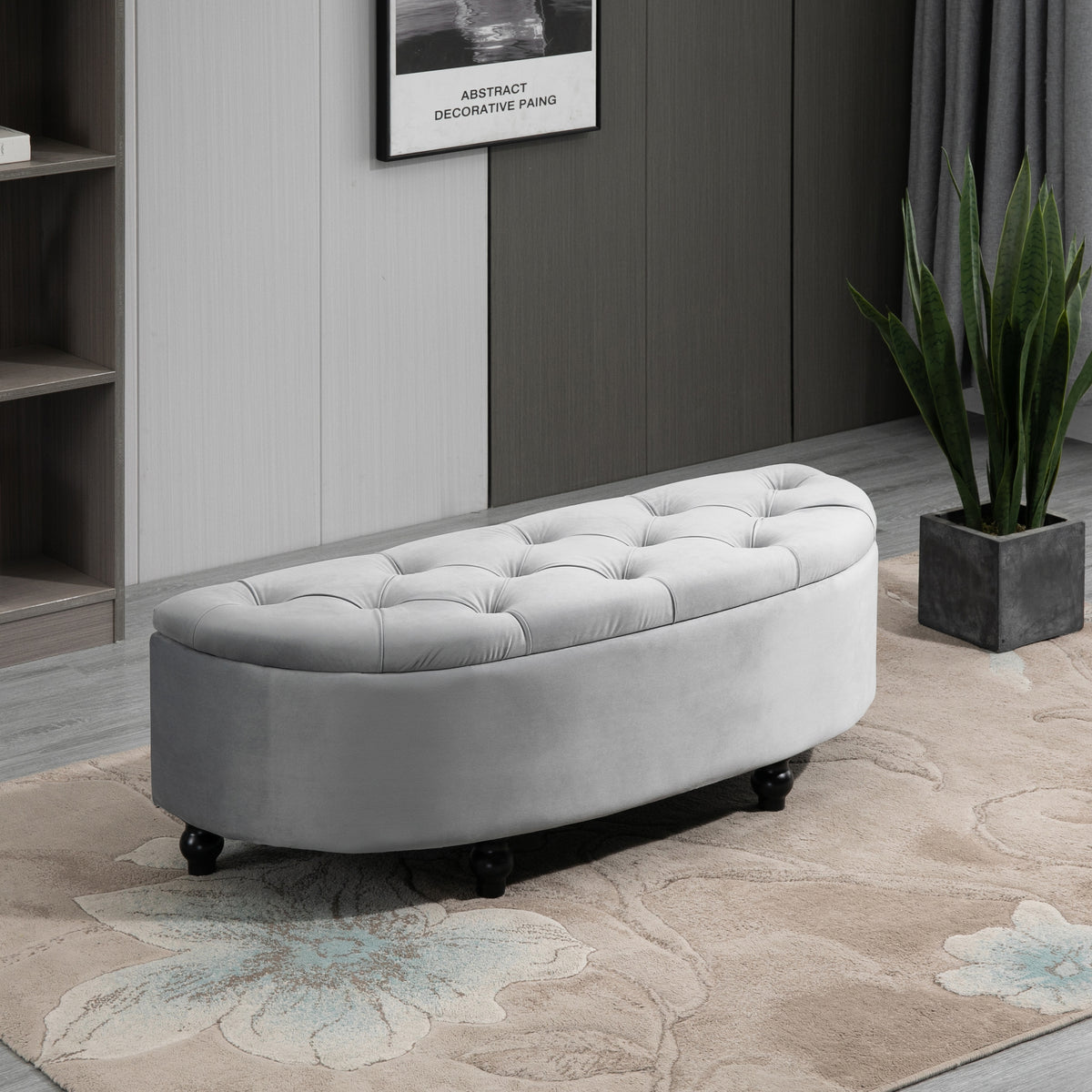 Banc de rangement, coffre de rangement design capitonné demi-cercle bout de lit avec revêtement velours, pieds en bois d'hévéa, pour salon, chambre, entrée, 120 x 46 x 42 cm, gris-1