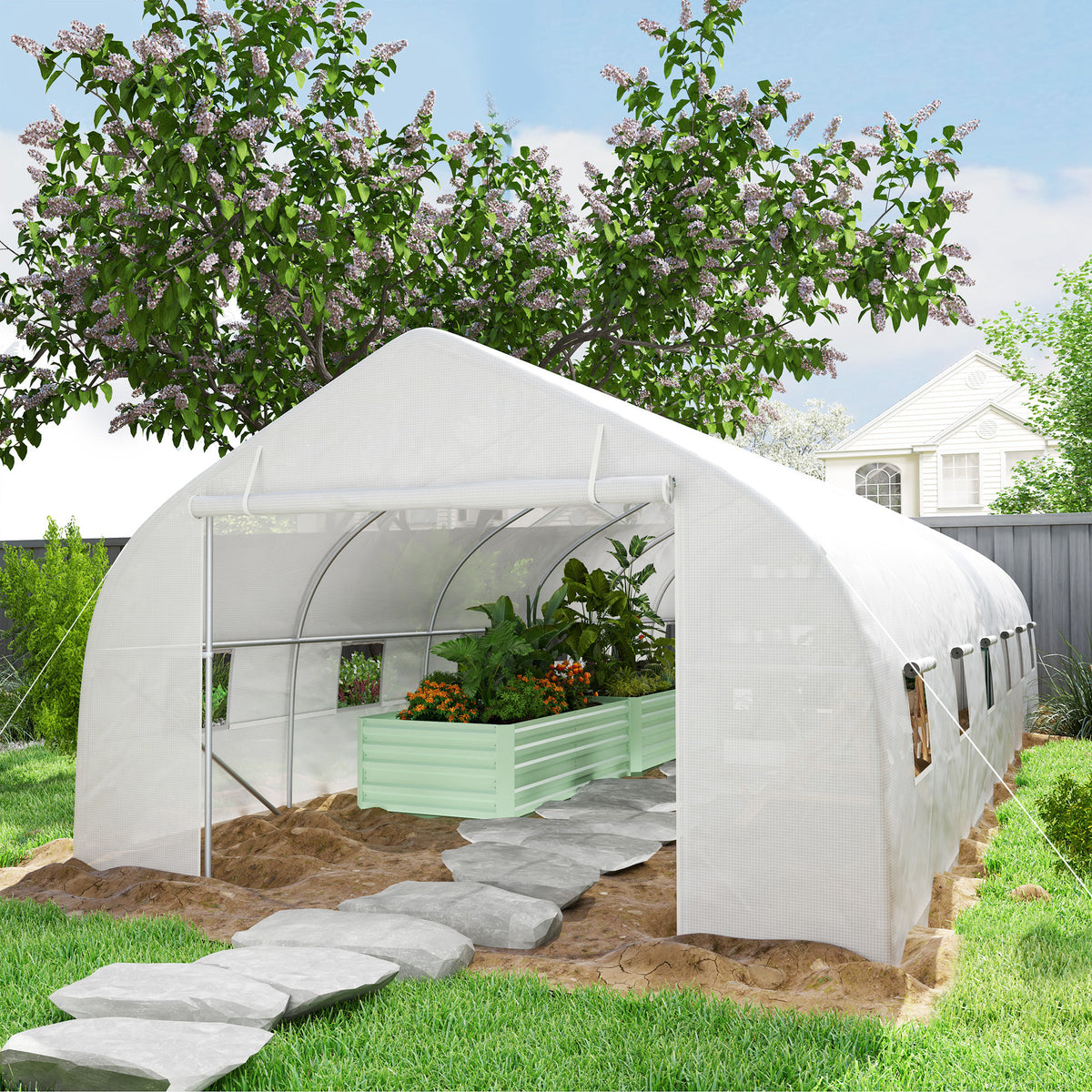 Serre de jardin tunnel grande taille avec bâche PE cadre en acier porte enroulable et 12 fenêtres 8 x 3 x 2 m blanc-9