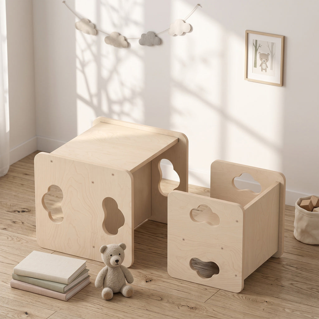 Ensemble Table et Chaise Enfant Réversible, Hauteurs Réglables, Poignées Nuage, 18-36 Mois, 38 x 36 x 33,5 cm, Naturel-9