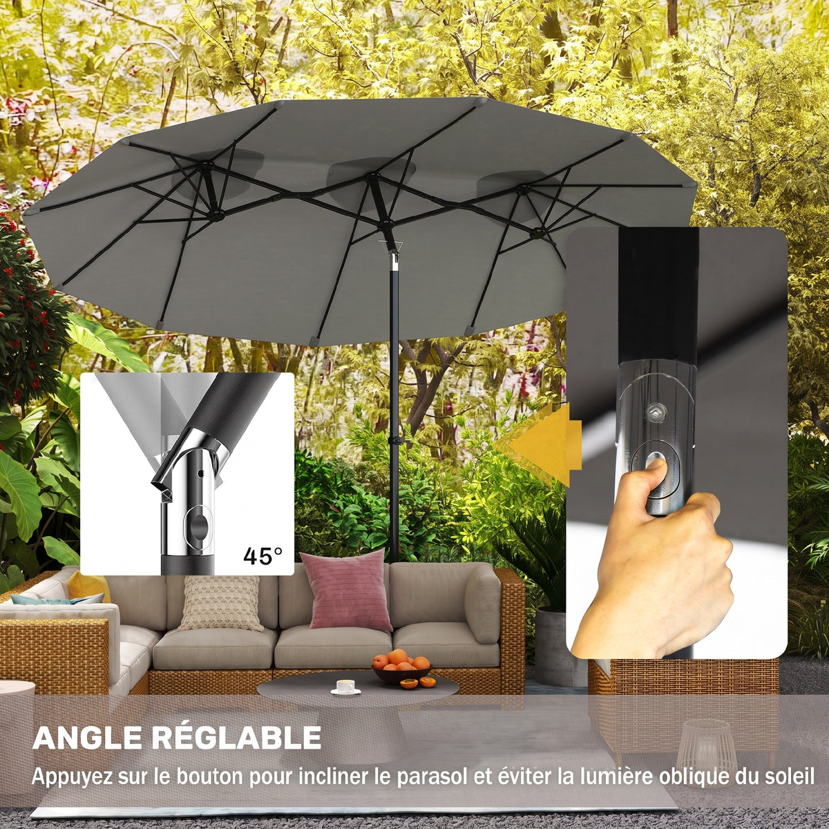 Parasol de Jardin Exterieur Inclinable 3 x 1,5 m, Parasol Double Rectangulaire avec Manivelle, Polyester 180 g/m², Gris-3