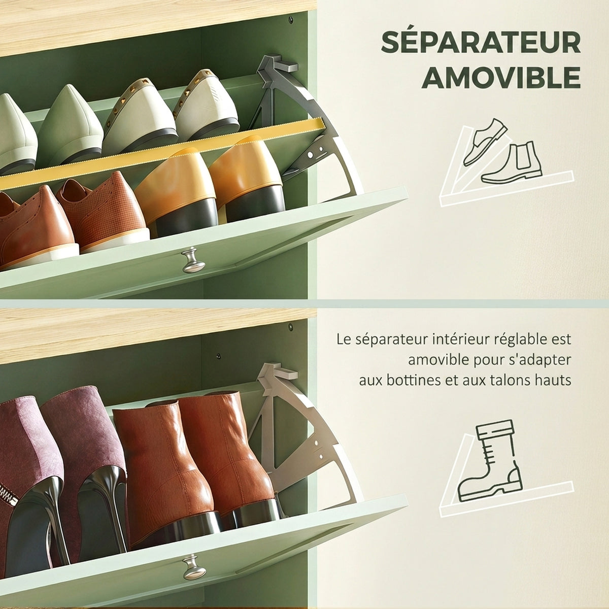 Meuble à Chaussures 12 Paires, Armoire à Chaussures Étroite avec 2 Tiroirs, Étagères Réglables, 60 x 23,5 x 80 cm, Vert-5